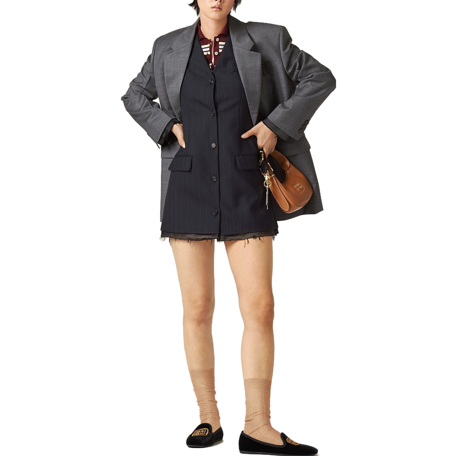 Lookbook (W) MIU MIU FW23 Gaun Pendek Tanpa Lengan Logo Berjalur Navy Blue Wanita. MF5225-13SH-F0008-S-OOO