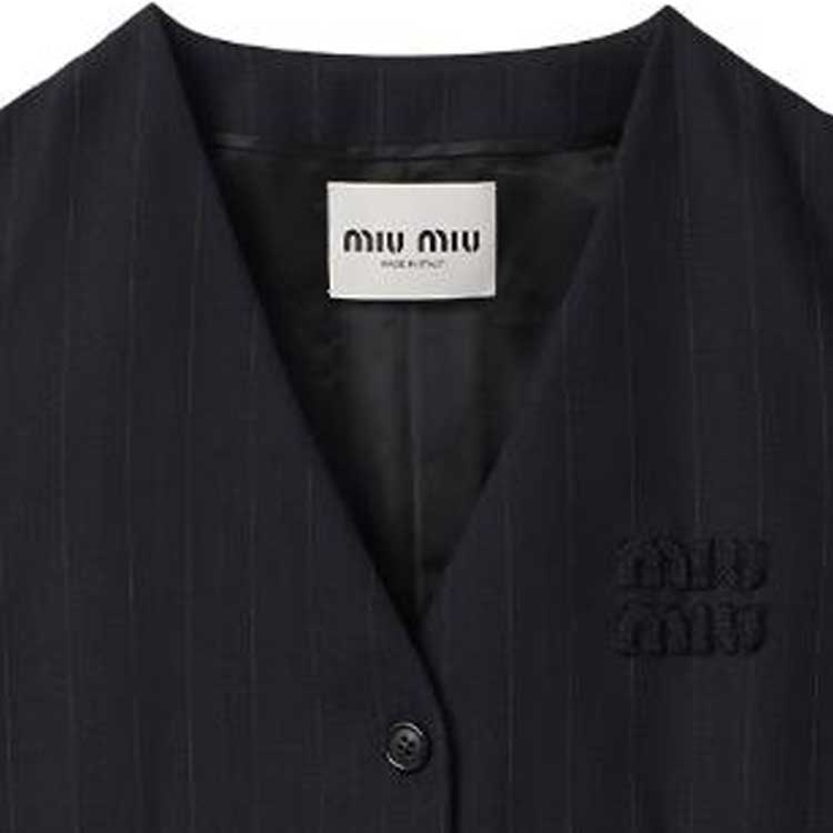 Sizing (W) MIU MIU FW23 Gaun Pendek Tanpa Lengan Logo Berjalur Navy Blue Wanita. MF5225-13SH-F0008-S-OOO