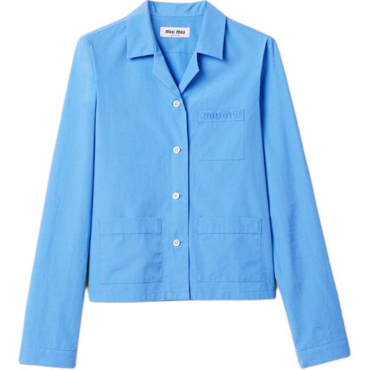 (Women) MIU MIU FW24  Gem Blue Logo Embroidered Long Sleeve Casual Shirt. MK1888-15UL-F0013-S-OOO
