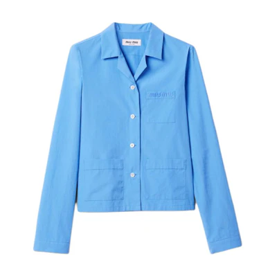 (Women) MIU MIU FW24 Gem Blue Logo Embroidered Long Sleeve Casual Shirt. MK1888-15UL-F0013-S-OOO