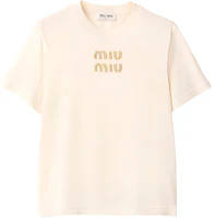 (Women) MIU MIU FW24 Neutral Logo Print Crew Neck Short Sleeve T-Shirt. MJN499-1585-F0018-S-232 (Women) MIU MIU FW24 Neutral Logo Print Crew Neck Short Sleeve T-Shirt. MJN499-1585-F0018-S-232
