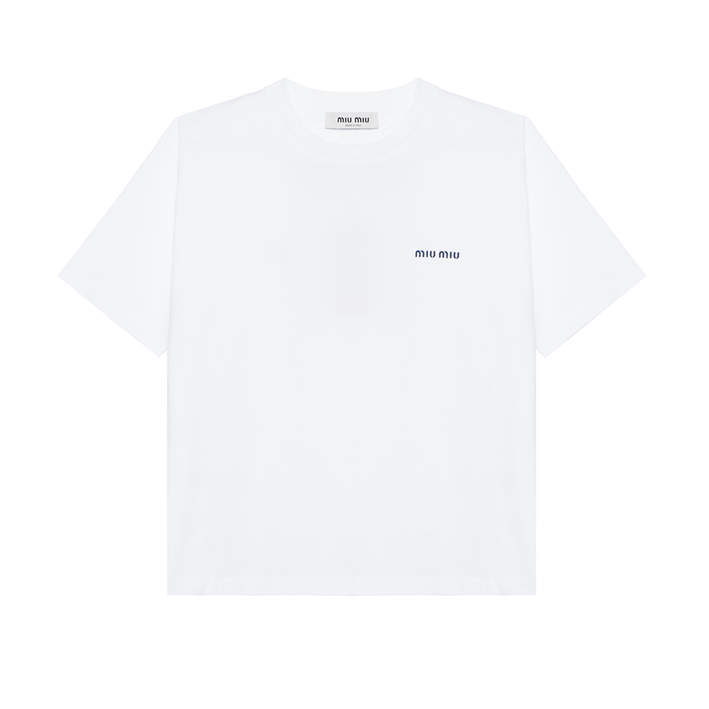 (Women) MIU MIU FW24  White Logo Print Crew Neck Short Sleeve T-Shirt MJN545-146Z-F0UB0
