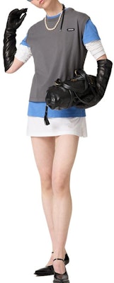 (Women) MIU MIU FW24 Holiday Series Brown Colorblock Logo Long Sleeve T-Shirt. MJE15-137E-F03Z8-S-OOO Lookbook (Women) MIU MIU FW24 Holiday Series Brown Colorblock Logo Long Sleeve T-Shirt. MJE15-137E-F03Z8-S-OOO