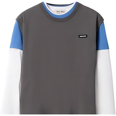 (Women) MIU MIU FW24 Holiday Series Brown Colorblock Logo Long Sleeve T-Shirt. MJE15-137E-F03Z8-S-OOO Purchase (Women) MIU MIU FW24 Holiday Series Brown Colorblock Logo Long Sleeve T-Shirt. MJE15-137E-F03Z8-S-OOO