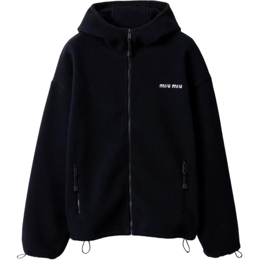 (Women) Miu Miu FW25 Navy Blue Fleece Zip-Up Hoodie with Elastic Hem MJL053-SOOO-18E3F-0-008