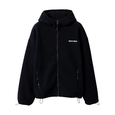 (Women) Miu Miu FW25 Navy Blue Fleece Zip-Up Hoodie with Elastic Hem MJL053-SOOO-18E3F-0-008