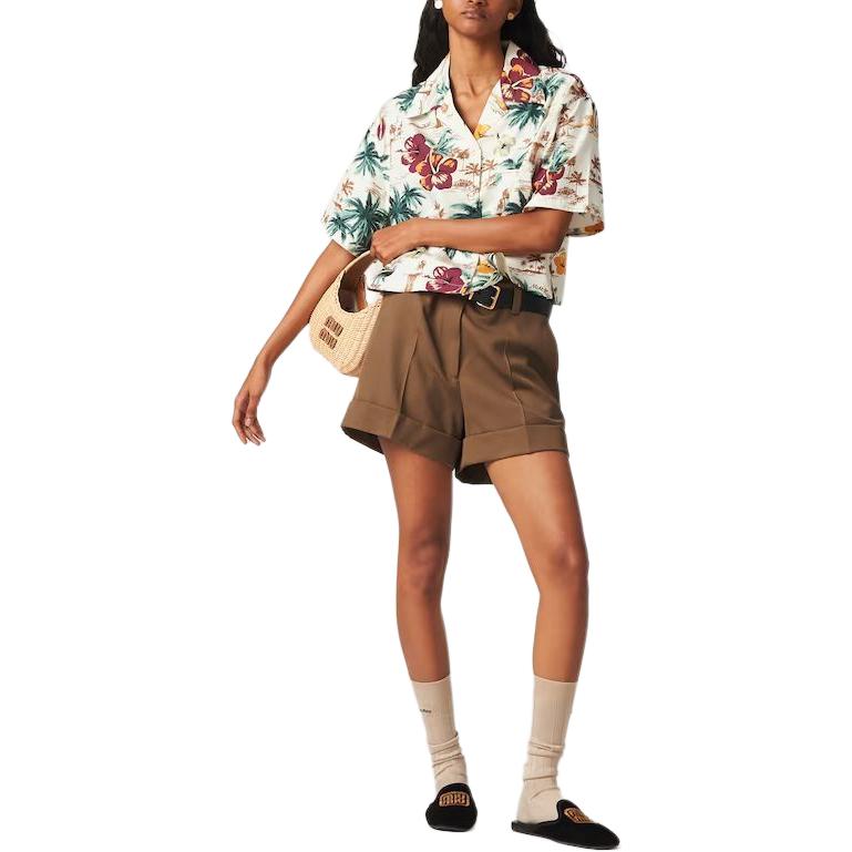 Shop (W) MIU MIU 女士棕色低腰綁帶寬鬆版型斜紋短褲 MP1737-108N-F0594-S-OOO