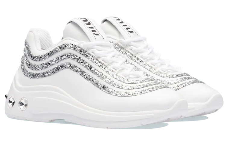 (W) MIU MIU Glitter Leather Sneakers 'White Silver' 圖 2