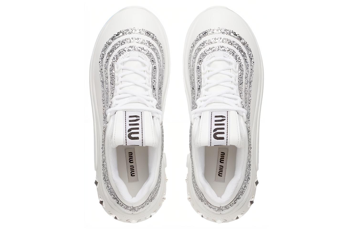 (W) MIU MIU Glitter Leather Sneakers 'White Silver' 圖 3