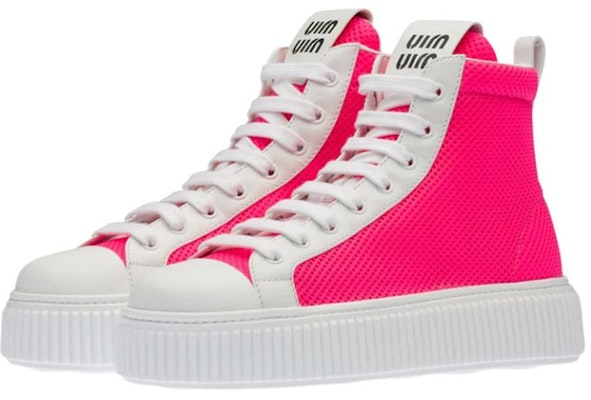 MIU MIU 網眼織物厚底高幫運動板鞋 女款 粉色 Lookbook MIU MIU 網眼織物厚底高幫運動板鞋 女款 粉色