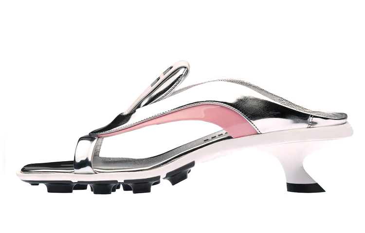 (W) MIU MIU High Heel Fashion Slide 'Metallic Weave Silver Pink'