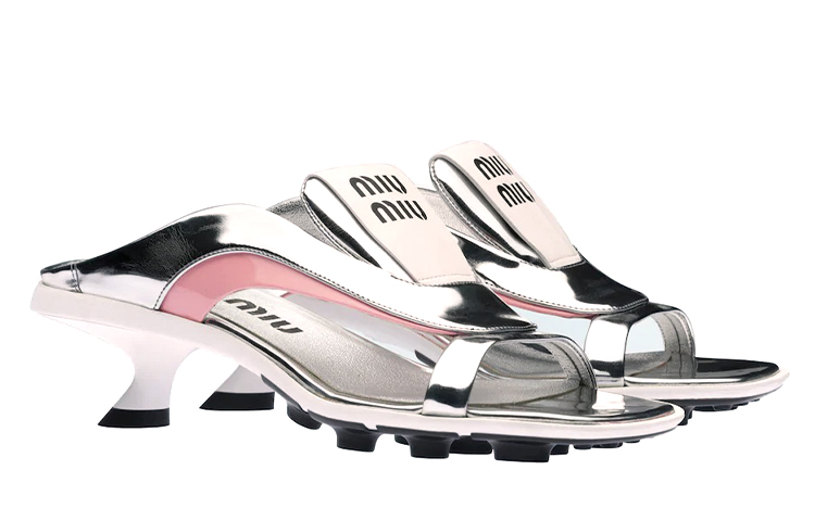 (W) MIU MIU High Heel Fashion Slide 'Metallic Weave Silver Pink' 圖 3