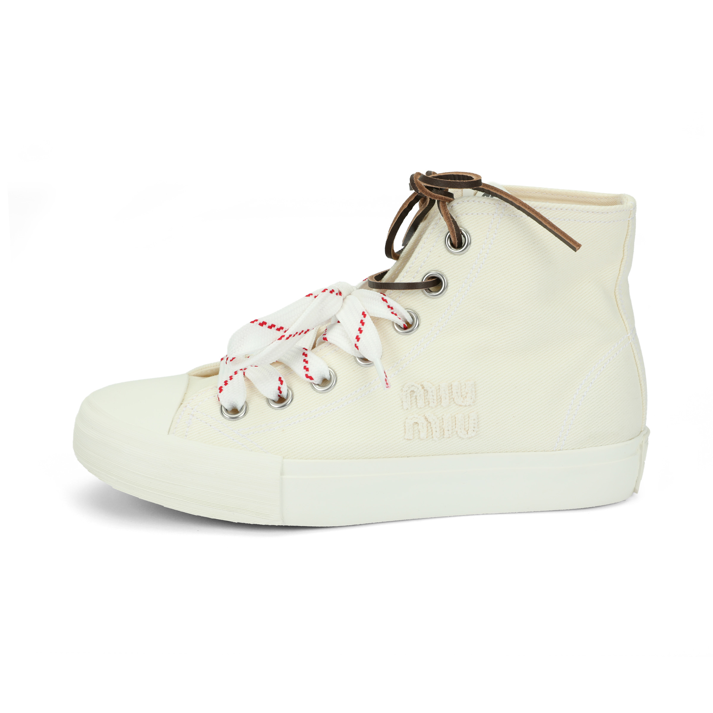 (Women) MIU MIU Ivory High-Top Washed Denim Lace-Up Canvas Sneakers 5T385E_CSL_F0304_F_005