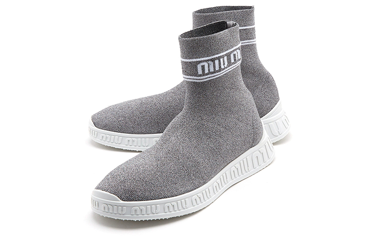 (W) MIU MIU Knit Logo Sock High-Top 'Grey' 圖 2
