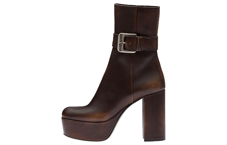 (W) MIU MIU Leather Ankle Boots with Metal Buckle 'Brown'