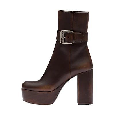 (W) MIU MIU Leather Ankle Boots with Metal Buckle 'Brown'
