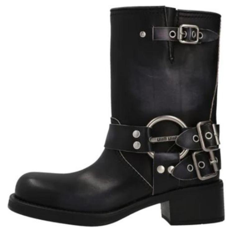 (Women) MIU MIU Leather Buckle Round Toe Boots 'Black' 5U845D_3F33_F0002