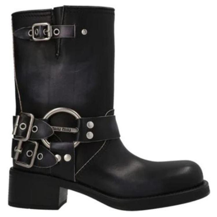 (W) MIU MIU Leather Buckle Round Toe Boots 'Black' 圖 2