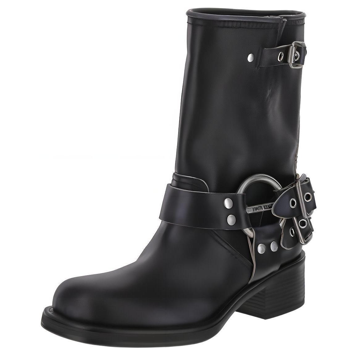 (W) MIU MIU Leather Buckle Round Toe Boots 'Black' 圖 3