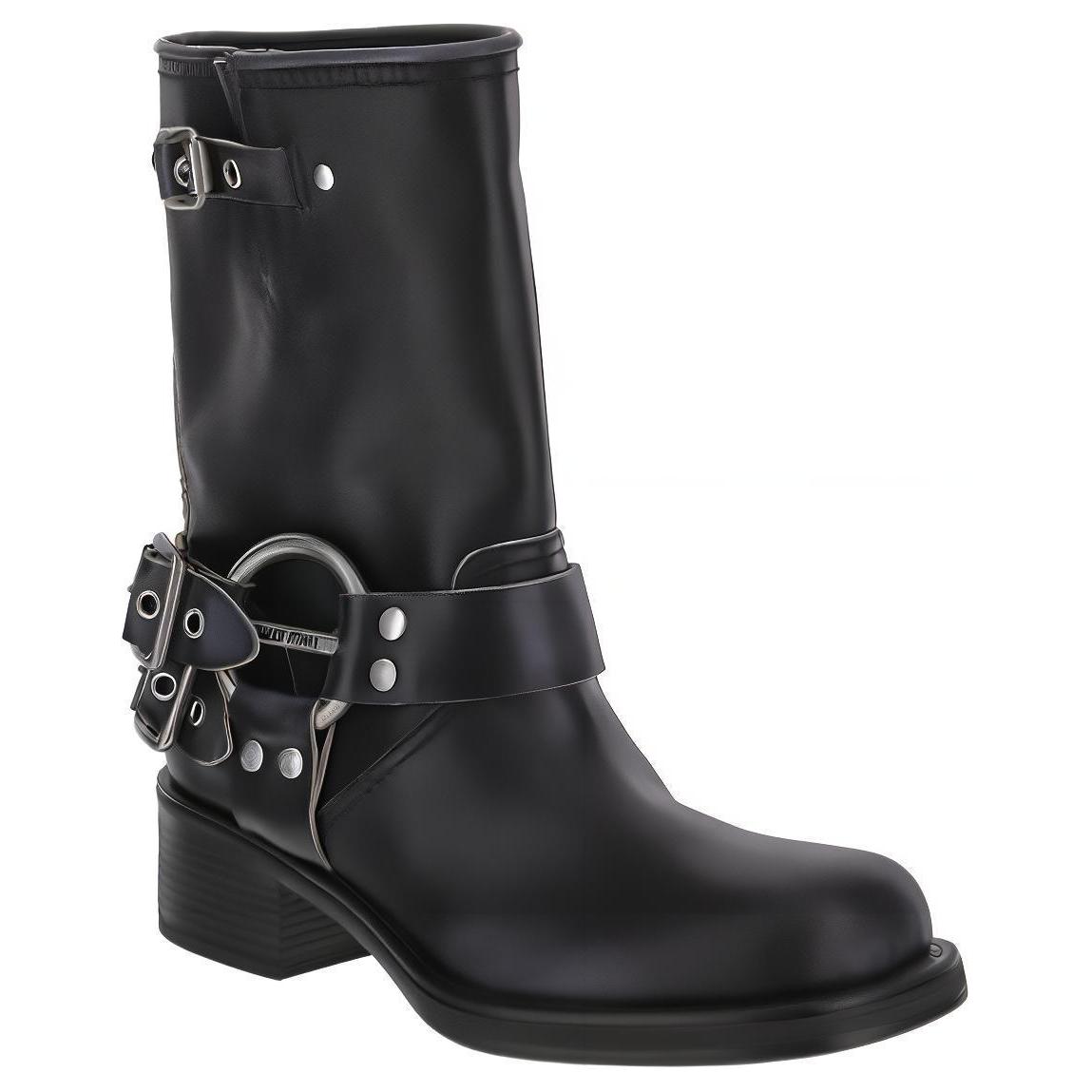 (W) MIU MIU Leather Buckle Round Toe Boots 'Black' 圖 4