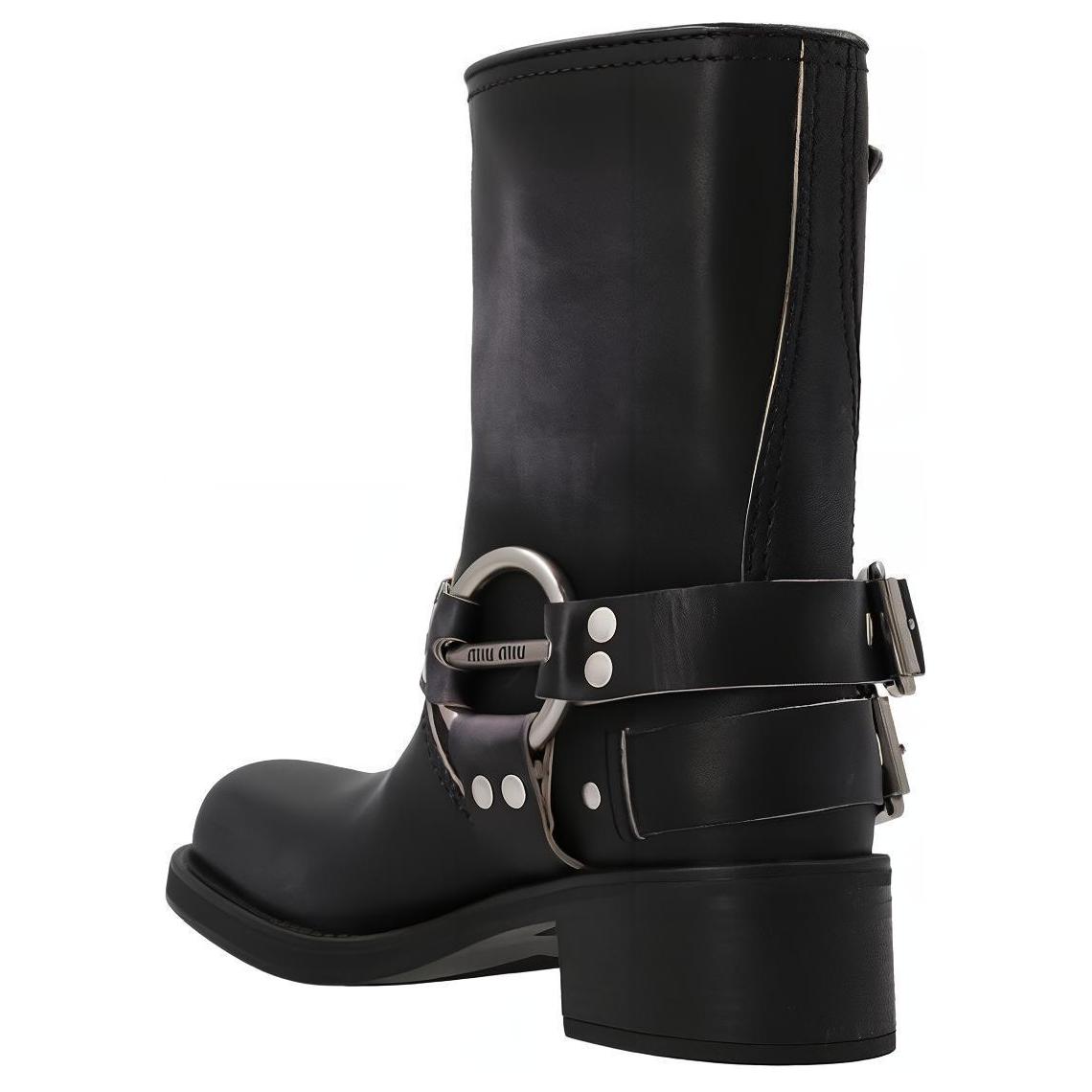 (W) MIU MIU Leather Buckle Round Toe Boots 'Black' 圖 5