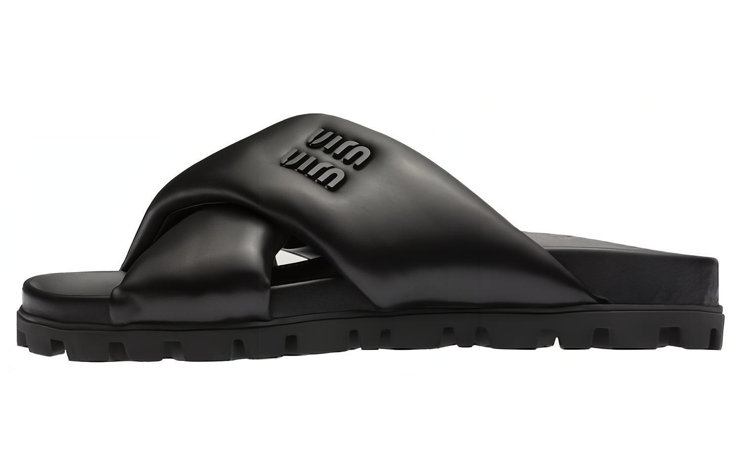 (W) MIU MIU Leather Cross-Strap Slide 'Black Fashion'