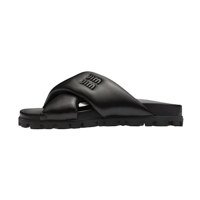 (W) MIU MIU Leather Cross-Strap Slide 'Black Fashion'