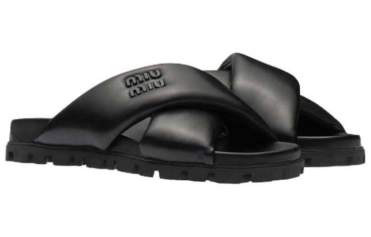 (W) MIU MIU Leather Cross-Strap Slide 'Black Fashion' 圖 3