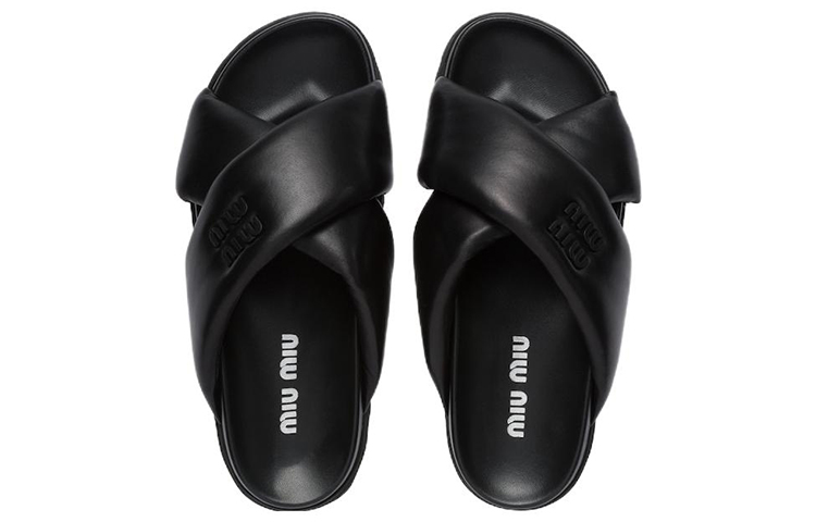 (W) MIU MIU Leather Cross-Strap Slide 'Black Fashion' 圖 4
