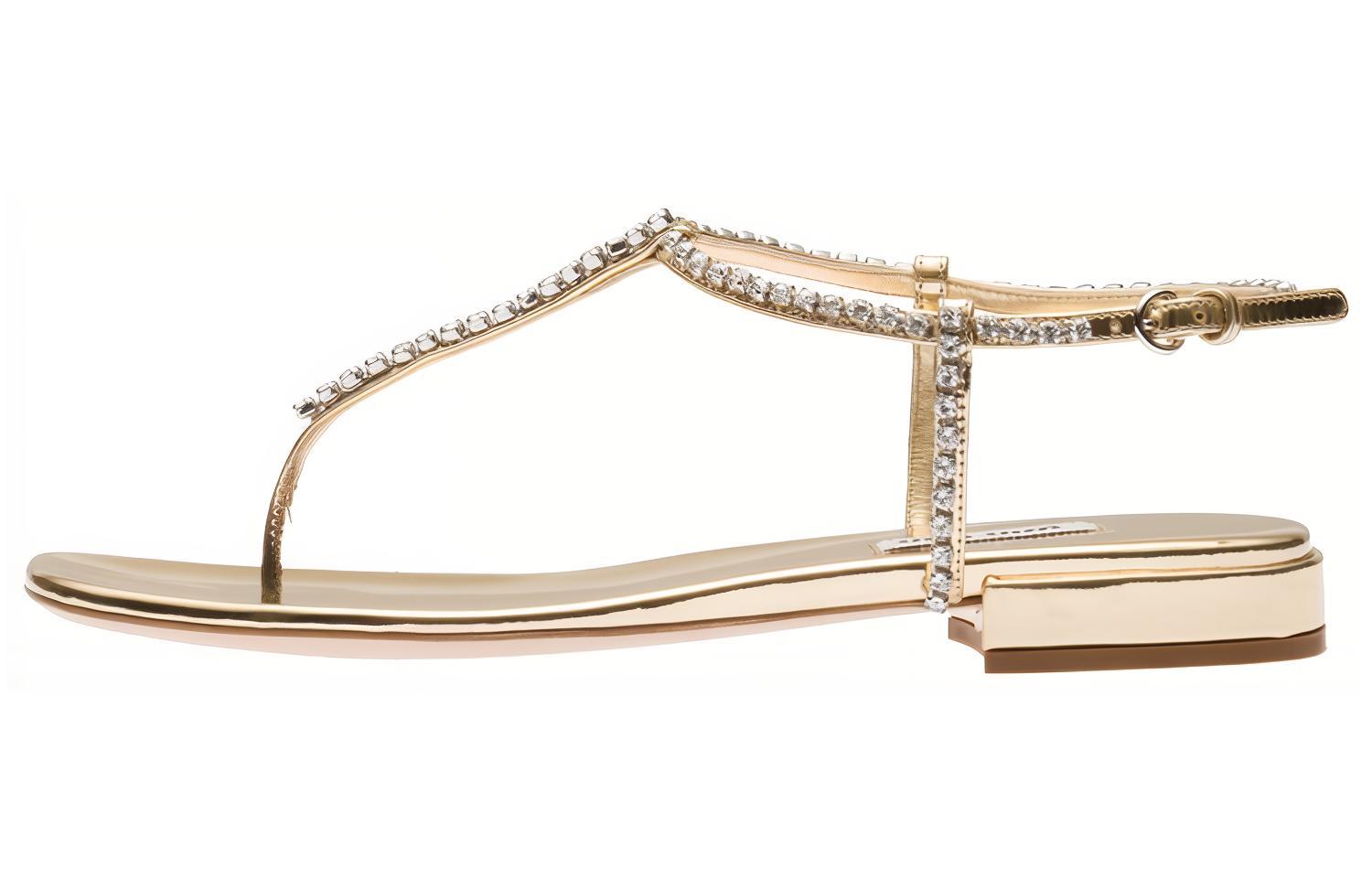 (W) MIU MIU Leather Gold 'Crystal Embellished Thong'
