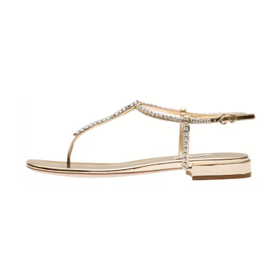 (W) MIU MIU Leather Gold 'Crystal Embellished Thong'