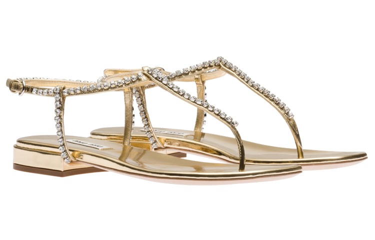 (W) MIU MIU Leather Gold 'Crystal Embellished Thong' 圖 2