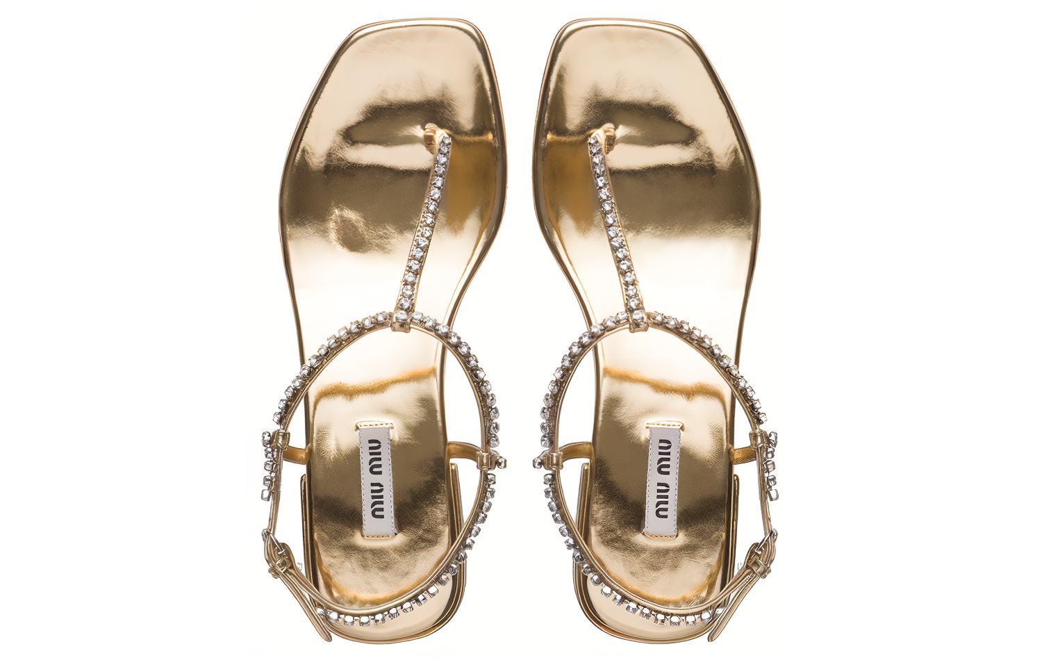 (W) MIU MIU Leather Gold 'Crystal Embellished Thong' 圖 3