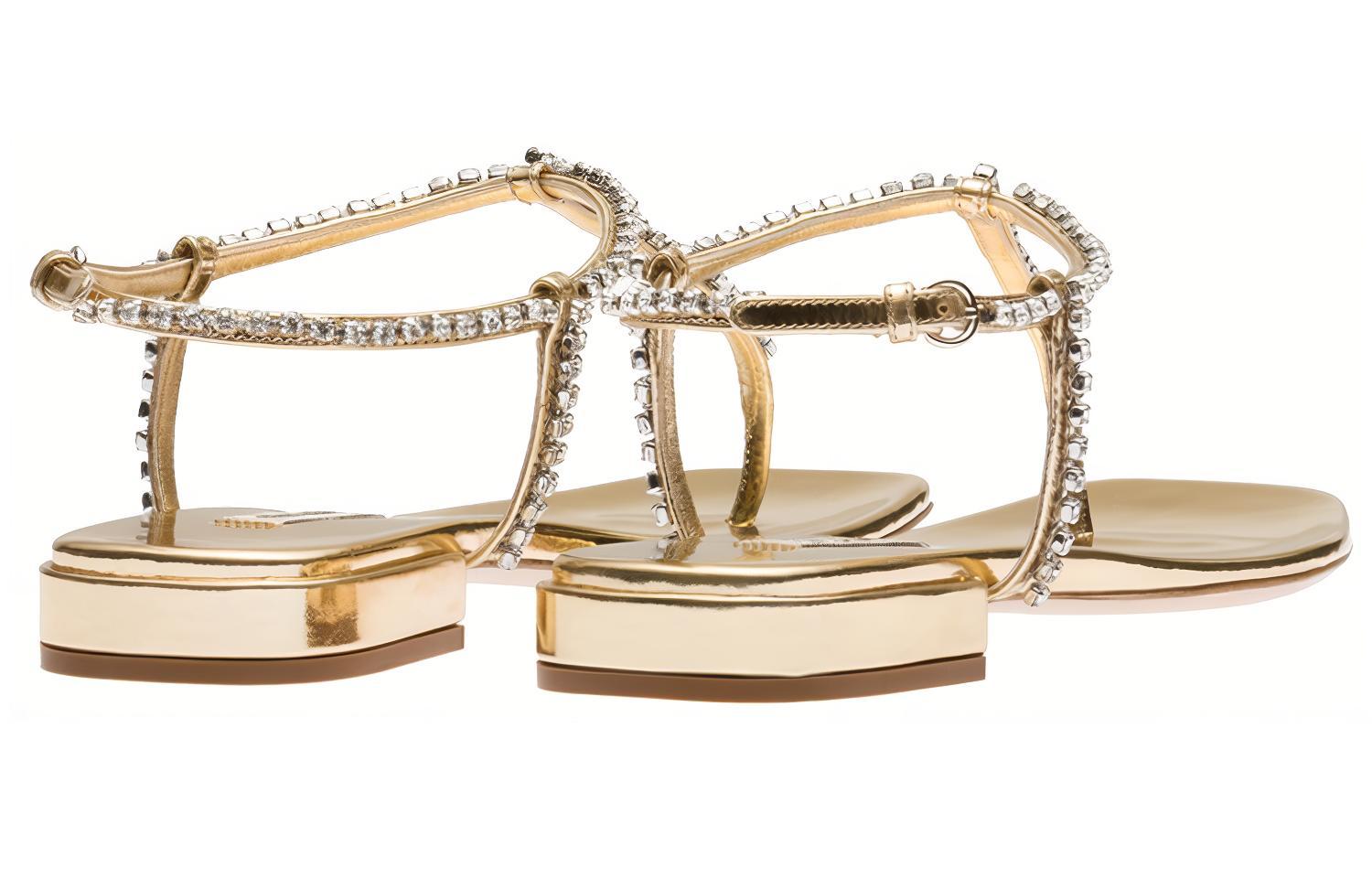 (W) MIU MIU Leather Gold 'Crystal Embellished Thong' 圖 4