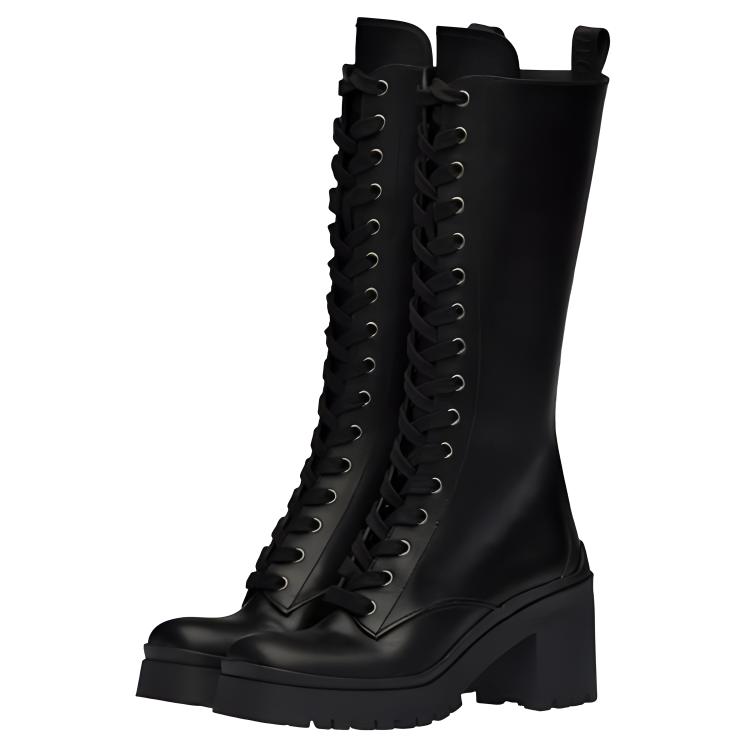 (W) MIU MIU Leather Lace-Up Boots 'Black' 圖 3