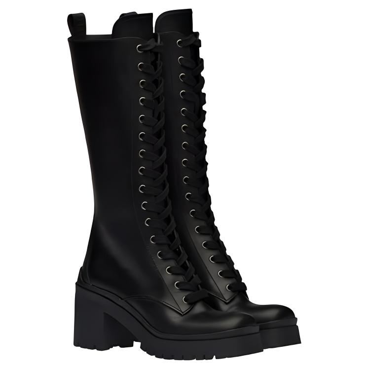 (W) MIU MIU Leather Lace-Up Boots 'Black' 圖 4