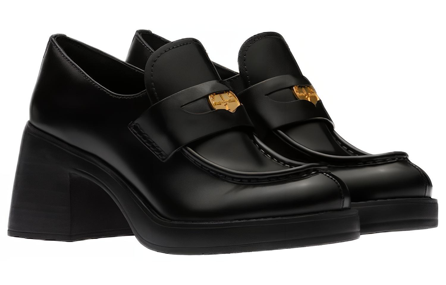 (W) MIU MIU Leather Loafer High Heels 'Black' 圖 3