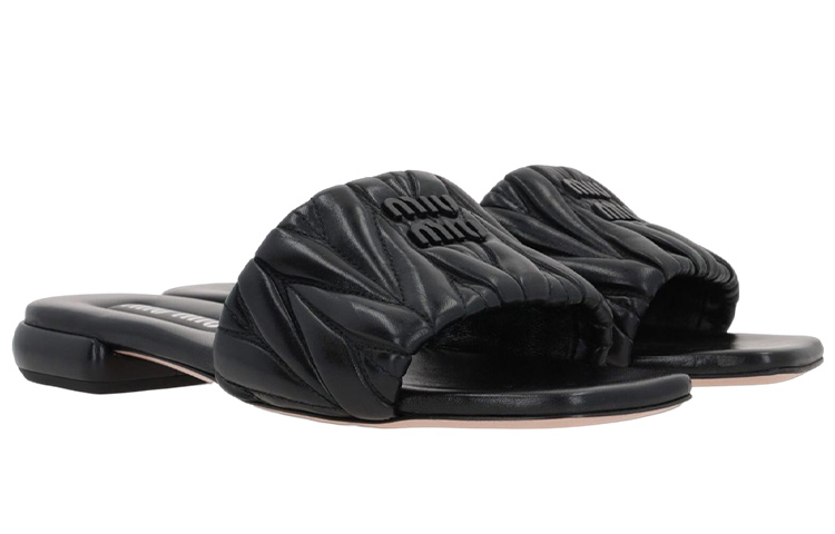 (W) MIU MIU Leather Open-Toe Breathable Fashion Slide 'Black' 圖 2