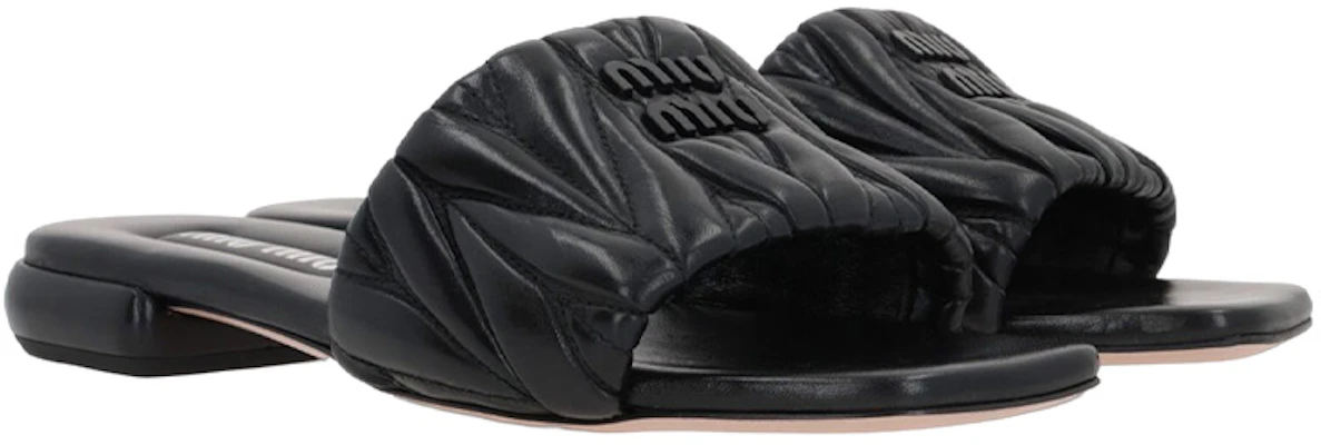 (W) MIU MIU Leren Open-Teen Ademend Mode Slide ''Zwart'' 5XX605_LM5_F0002_F_0103 Order (W) MIU MIU Leren Open-Teen Ademend Mode Slide ''Zwart'' 5XX605_LM5_F0002_F_0103