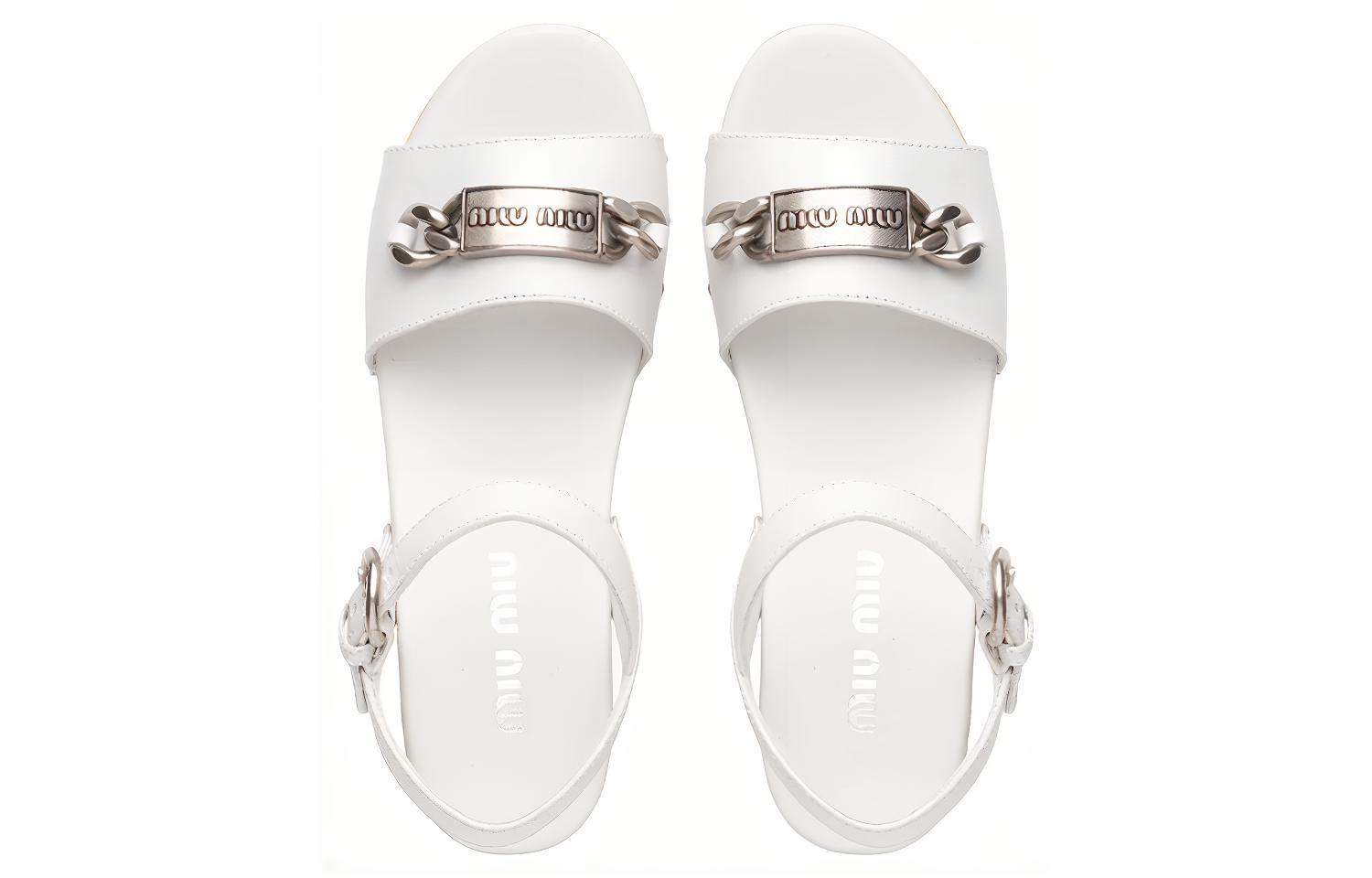 Shop MIU MIU 露趾皮革木底涼鞋 女款 白色