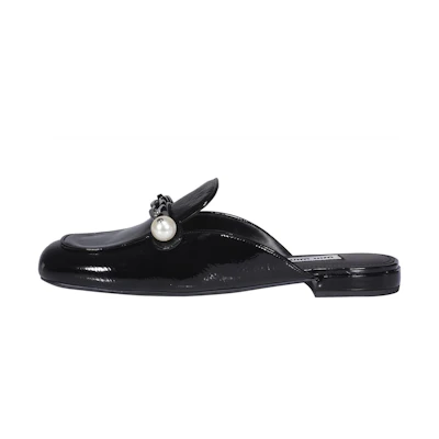 (W) MIU MIU Leather Pearl Flat Sandals 'Black Fashion'