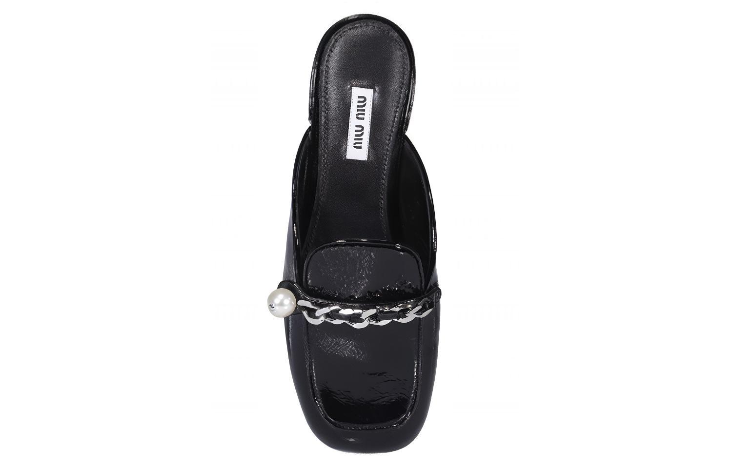 (W) MIU MIU Leather Pearl Flat Sandals 'Black Fashion' 圖 4