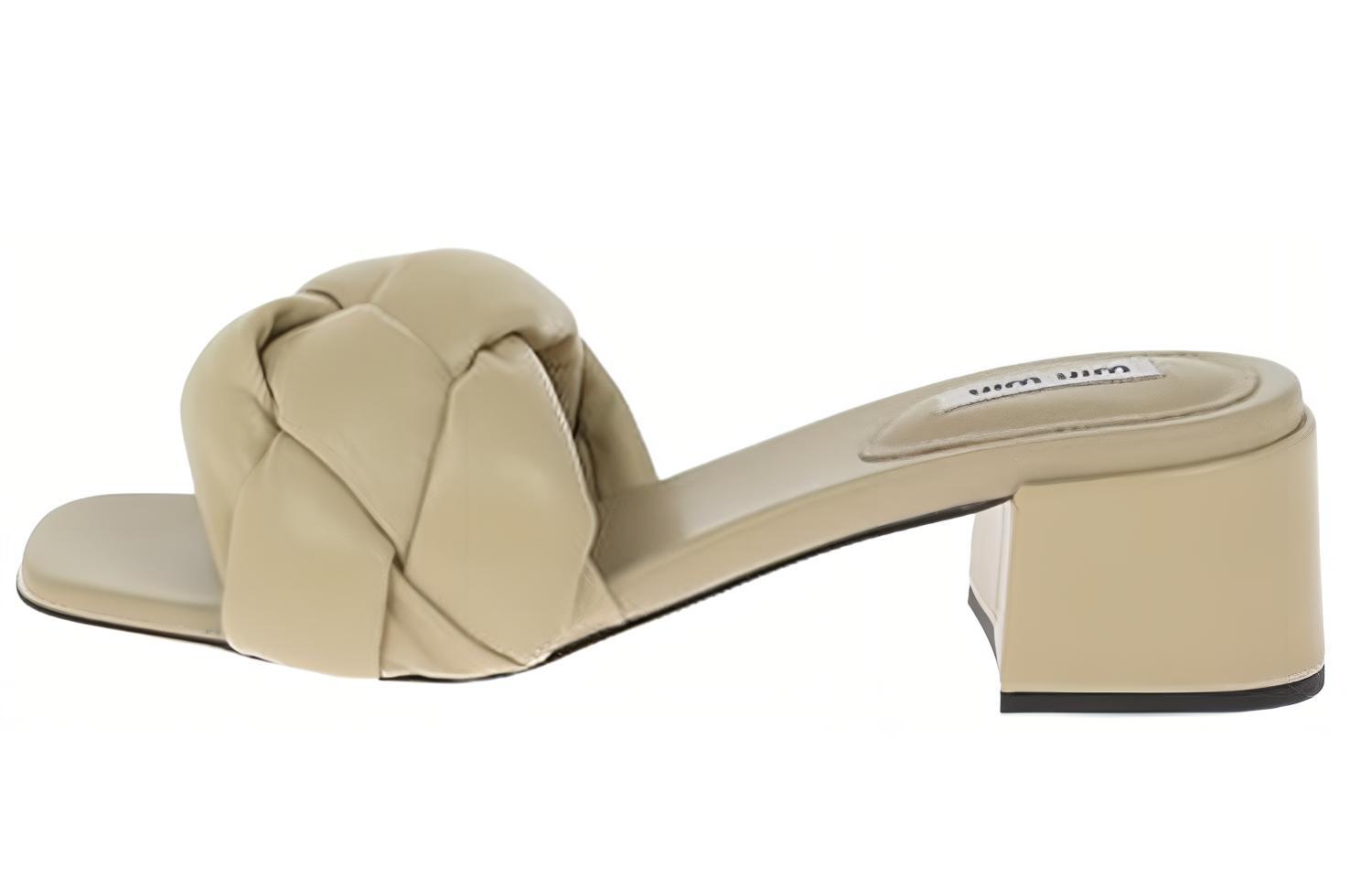 (Women) MIU MIU Leather Peep-Toe Block Heel Slide Sandals 'Beige' 5XX545_LYB_F0F24_F_045