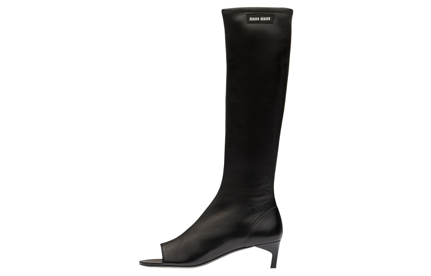 (W) MIU MIU Leather Peep-Toe Elastic Nappa High Boots 'Black Patent Heel'