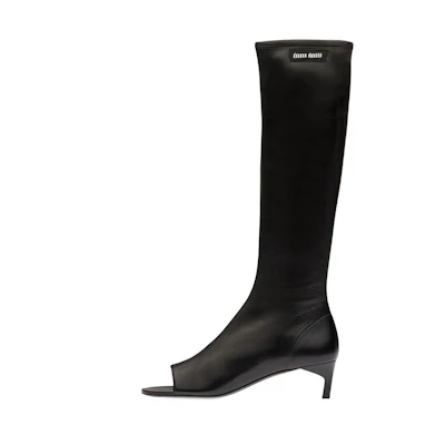(W) MIU MIU Leather Peep-Toe Elastic Nappa High Boots 'Black Patent Heel'