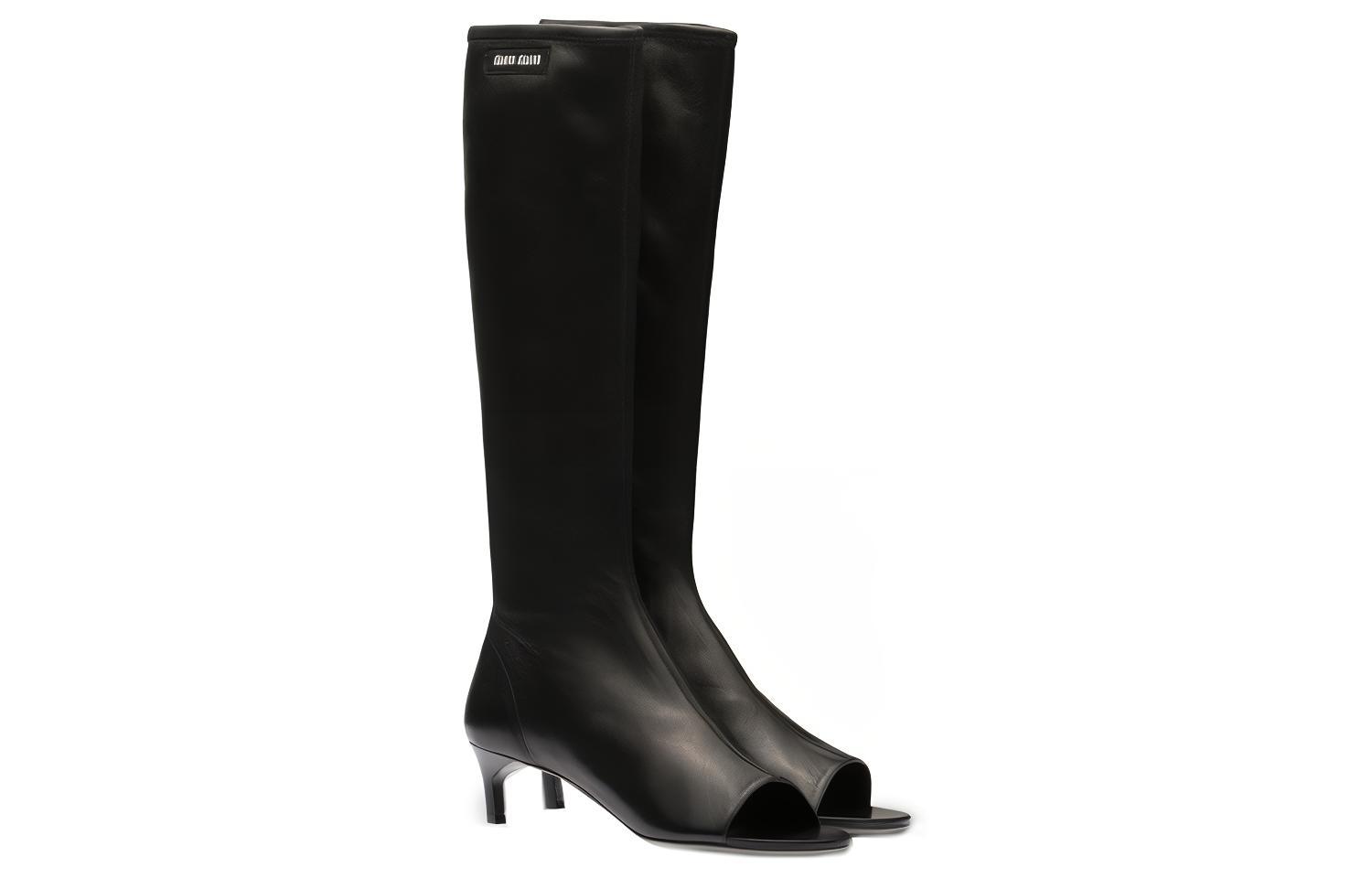 (W) MIU MIU Leather Peep-Toe Elastic Nappa High Boots 'Black Patent Heel' 圖 3