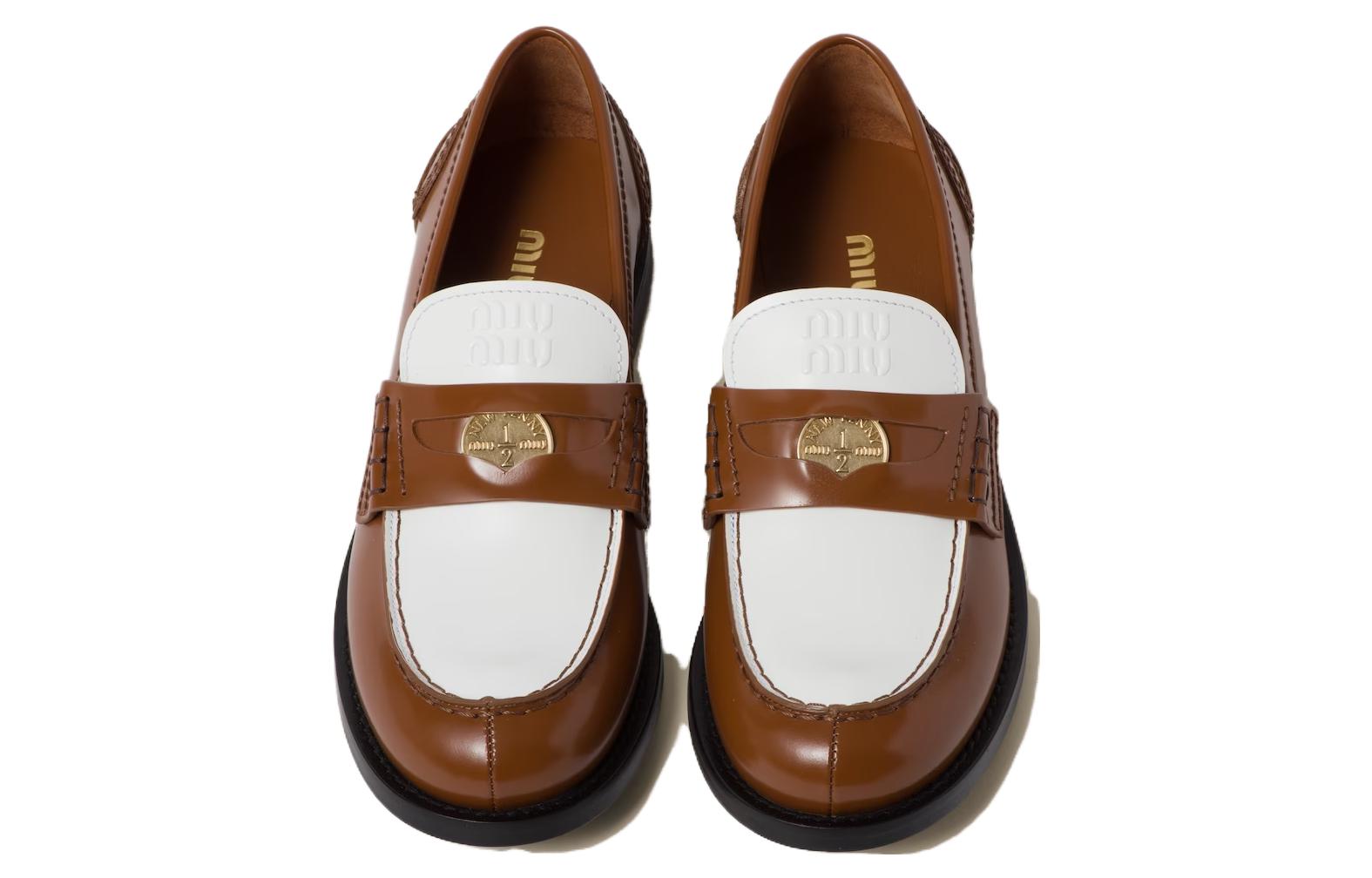 (W) MIU MIU Leather Round-Toe Loafers 'Brown' 圖 4