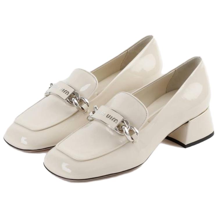 (W) MIU MIU Leather Round Toe Chunky Heel Pumps 'White' 圖 3