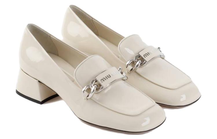 (W) MIU MIU Leather Round Toe Chunky Heel Pumps 'White' 圖 4