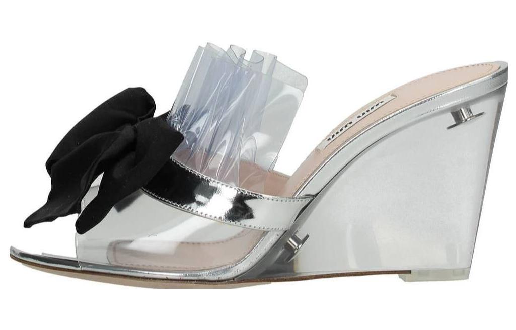 (W) MIU MIU Leather Round-Toe Slide Sandals 'Silver'